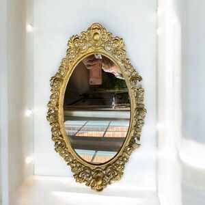 Vintage gold ornate oval wall mirror or vanity tray by Robert Emig 1960
